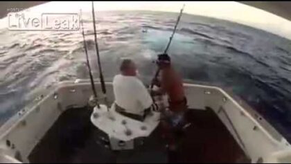 Un poisson saute dans un bateau et un homme saute à leau